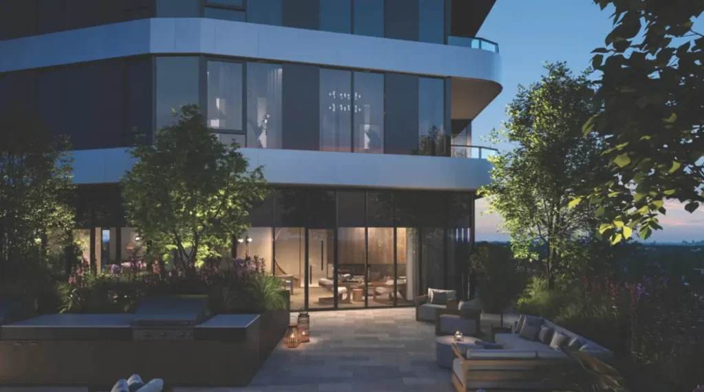 Rendering of The Clove Condos exterior terrace at night