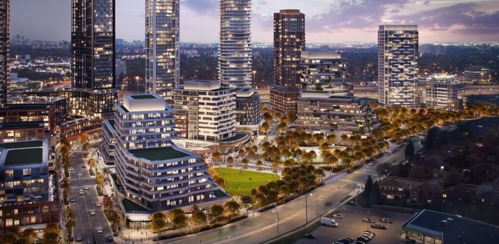 Aerial rendering of The Clove Condos and the Cloverdale redevelopment community at night