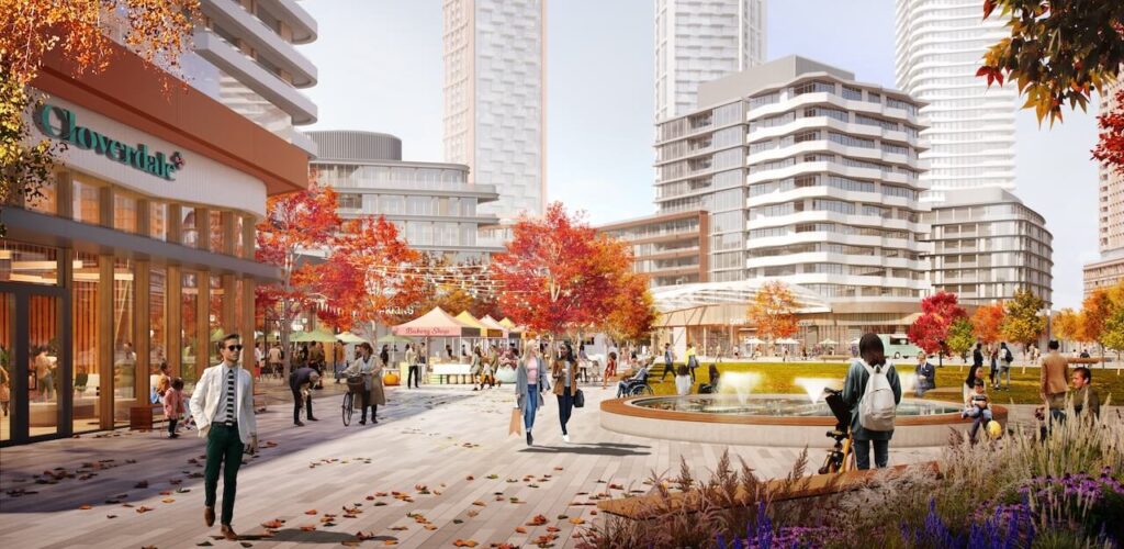 Rendering of The Clove Condos mall exterior in autumn