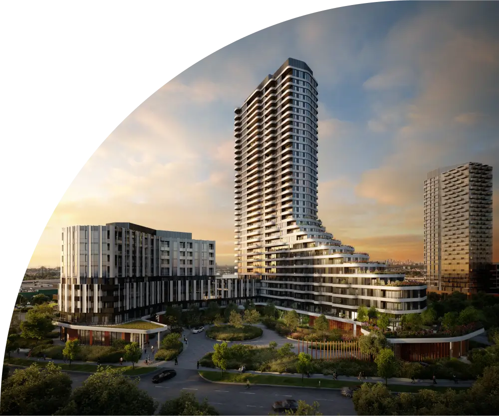 Rendering of The Clove Condos exterior cut out in a quarter circle mask