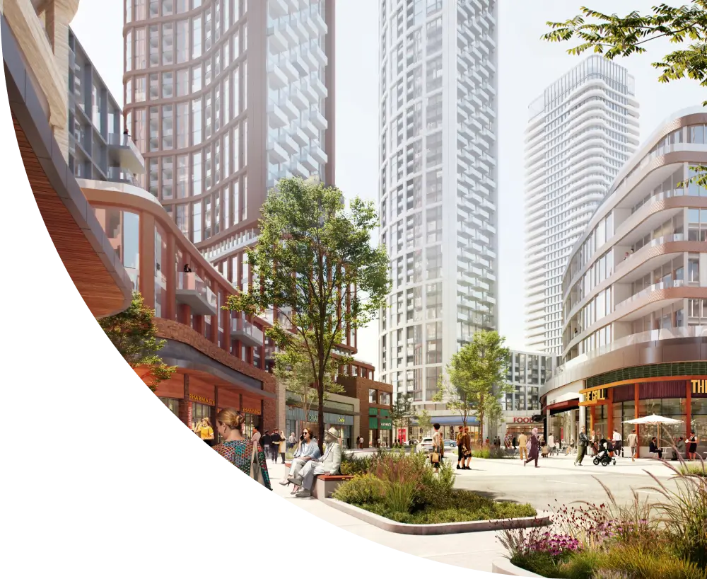 Rendering of The Clove Condos retail shopping cut out in a quarter circle mask